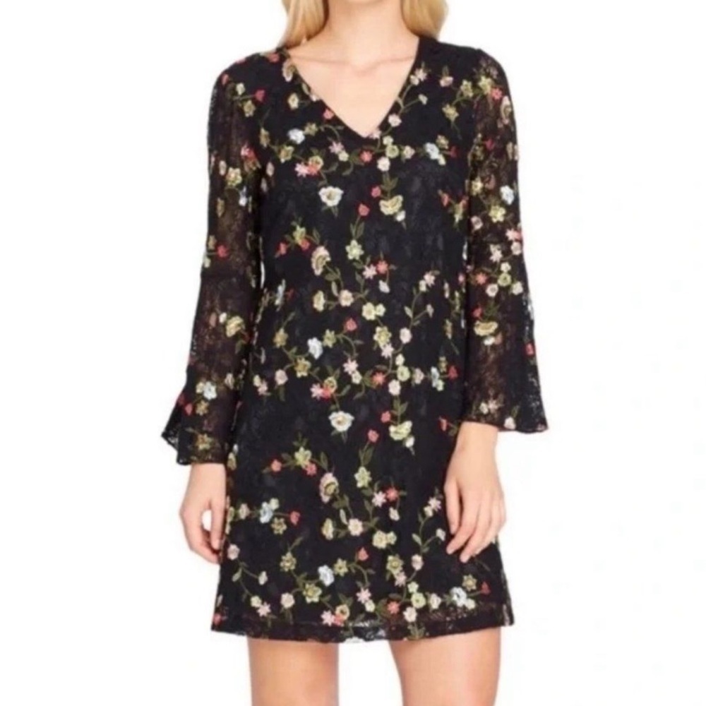 TAHARI by Arthur Levine Floral Embroidered Mini Dress Bell Sleeve Black Sz 2 EUC